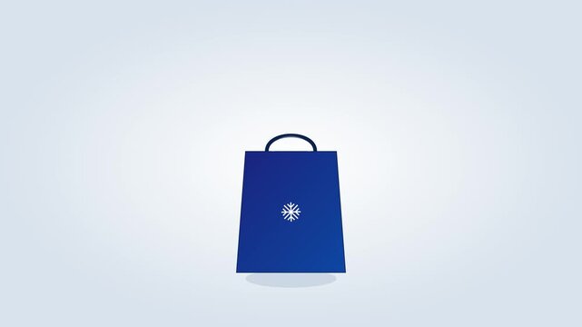 Minimalist Animation of a Blue Winter Shopping Bag with Snowflake Icon and Floating Geometric Shapes