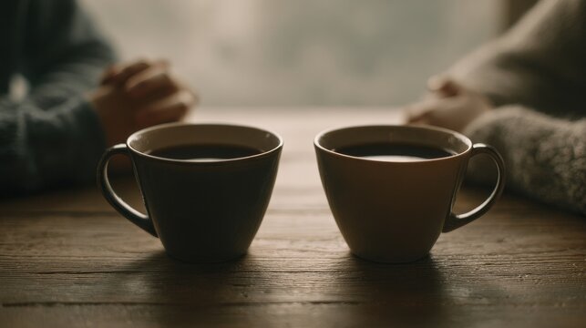 Two coffee cups resting on a table, with two pairs of hands visible, subtly hinting at a shared conversation. Relational, soft focus. 