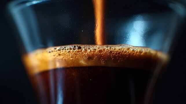 An intense close-up of a highly concentrated Ristretto shot, highlighting the dark, syrupy consistency and minimal crema. 