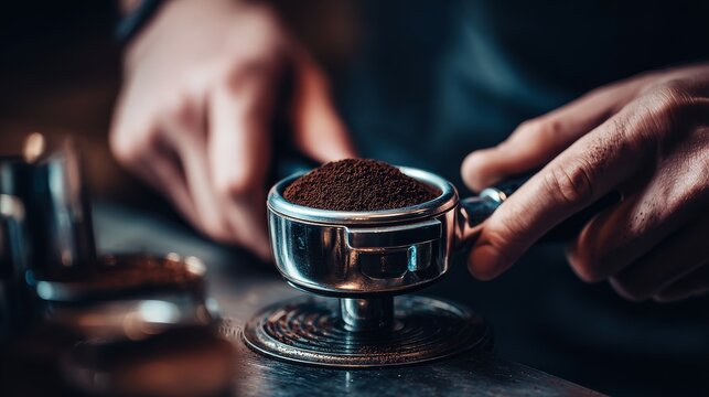 A close-up shot of a barista's hands expertly tamping espresso grounds in a portafilter, with focus on the metallic tools and the dark grounds. 