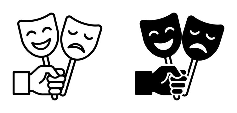 Theater masks, happy and sad, held by a hand for logo