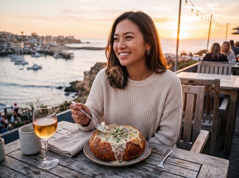 Golden Hour Coastal Dining with Clam Chowder Sourdough Bread Bowl