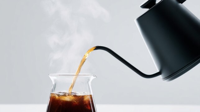 A minimalist action shot of hot water being poured from a sleek black kettle into a V60 pourover device, dripping into a clear glass server. 