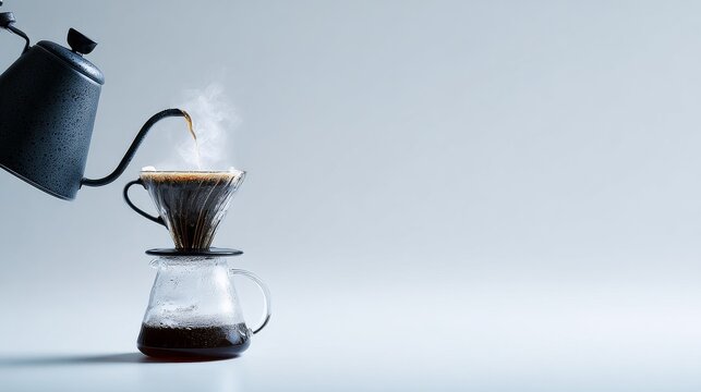 A minimalist action shot of hot water being poured from a sleek black kettle into a V60 pourover device, dripping into a clear glass server. 