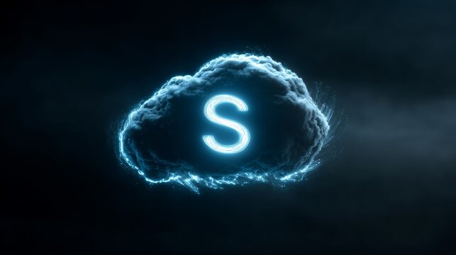Cloud Computing Data Security, a glowing 'S' symbol (for Security) embedded within a cloud icon, radiating protective energy outwards. Iconic, strong brand identity. 