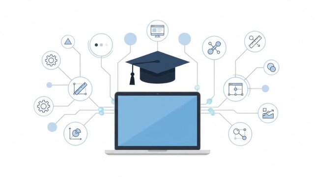 Online Learning Education Minimalist Vector Animation with Laptop Graduation Cap and Digital Classroom Elements for E Learning Technology Concept