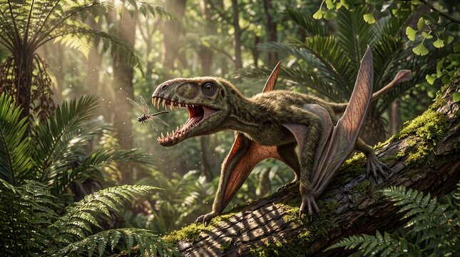 Prehistoric Dimorphodon Capturing Flying Insect in Dappled Jurassic Forest Canopy