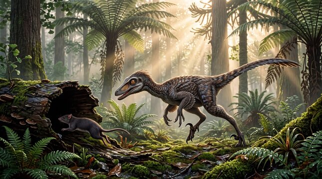 Prehistoric Troodon Stalking Prey in a Sunlit Ancient Forest