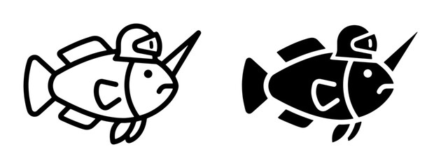 Fish with narwhal horn and helmet silhouette for logo © Nabil