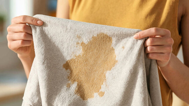 Accidental Stain: A person holds up a fabric item with a noticeable brown stain, highlighting a common household mishap.