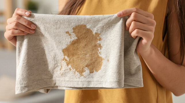 Coffee Stain Mishap: A close-up shows a person holding a beige fabric with a prominent brown coffee stain, highlighting the common everyday accident.