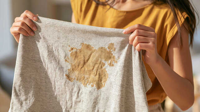 A Casual Mishap: A close-up shot showcases a person holding up a light-colored t-shirt with a prominent coffee stain, highlighting an everyday moment of accidental spillage.