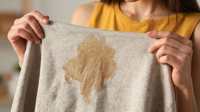 Stain on Clothing: A person holds up a light-colored garment with a noticeable brown stain, illustrating a common household issue of laundry care and cleaning.