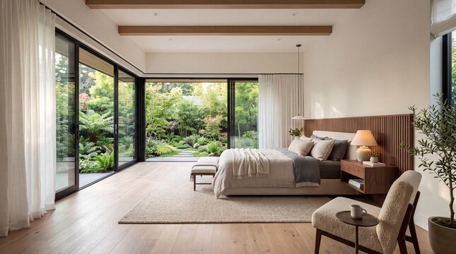 Luxurious Modern Master Bedroom Bathed in Morning Light Overlooking Garden