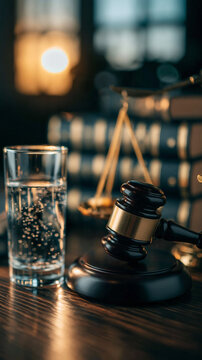 Justice Served: A gavel rests beside a glass of water on a wooden table, with law books and scales of justice blurred in the background, symbolizing legal proceedings and judicial decision-making.