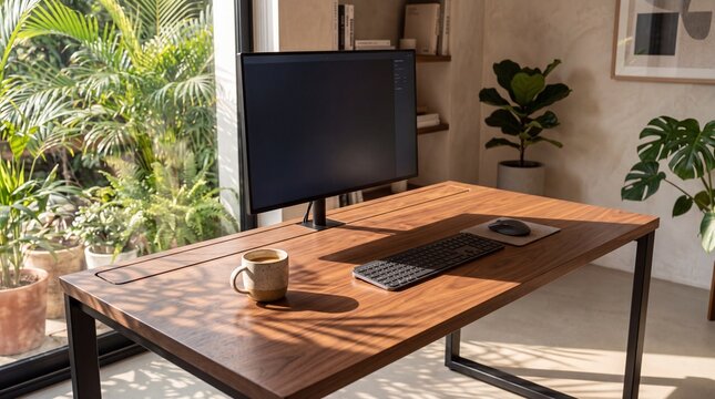 Minimalist Wooden Desk Setup Featuring Seamless Integrated Cable Management in Morning Sunlight