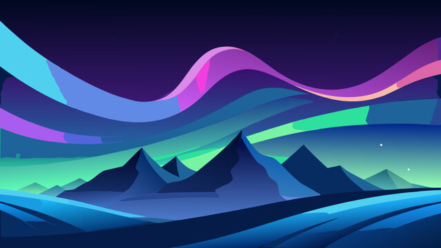 Vibrant vector illustration of colorful northern lights undulating across a dark night sky over dark mountain peaks and snow-covered terrain in green, purple, and blue gradient tones.