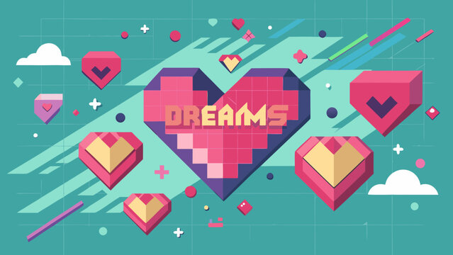 Pixel art graphic featuring a large central heart with the word DREAMS surrounded by floating pixelated heart icons, geometric shapes, clouds, and diagonal motion lines on a turquoise background