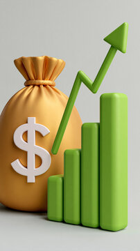 Money Bag and Growth Chart: A golden money bag with a dollar sign sits beside a green bar graph and an upward trending arrow, symbolizing financial growth and profit.
