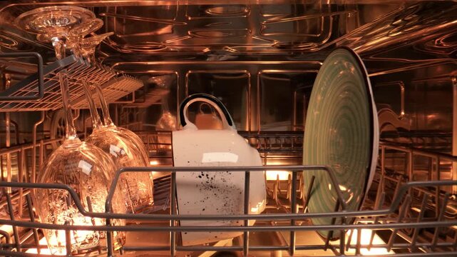 Inside clean dishwasher with clean dishes and glassware after wash cycle.