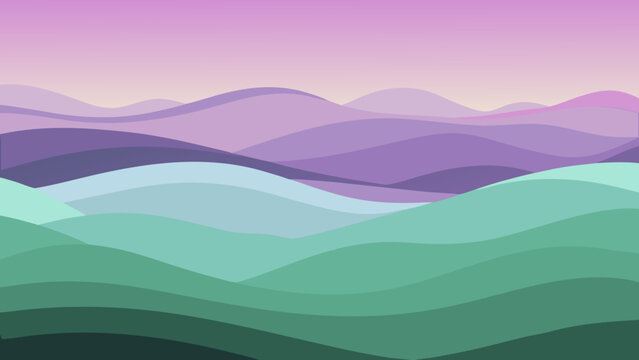 Minimalist vector landscape illustration depicting smooth rolling hills and wave-like terrain layers in gradient shades of green, teal, and purple under a soft pastel twilight sky.