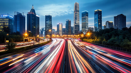 Obraz premium Modern city skyline and urban street with fast moving cars and light trails at night