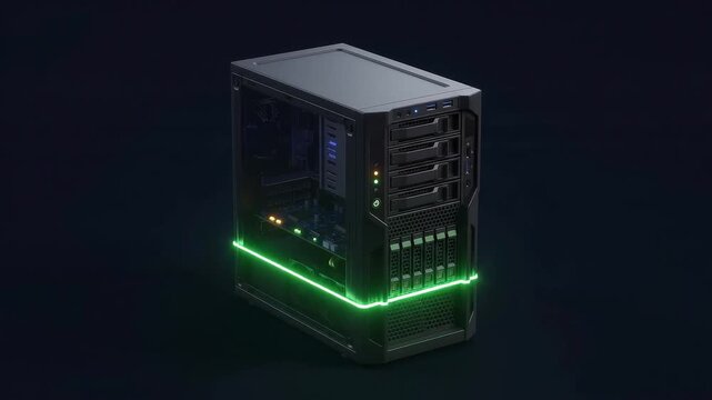 A cybersecurity server rack featuring a bright neon laser beam scanner monitoring network infrastructure, running an automated data compliance audit, and detecting system threats in a dark server room