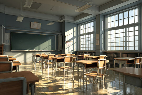 Empty classroom with wooden desks and chalkboard for back to school education concept