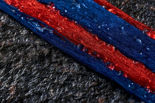Extreme macro photograph of wet dark granite stone with crimson and blue silk thread