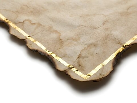 Aged stained parchment paper with thin gold leaf line and burnt scorched edges, antique vintage document background texture