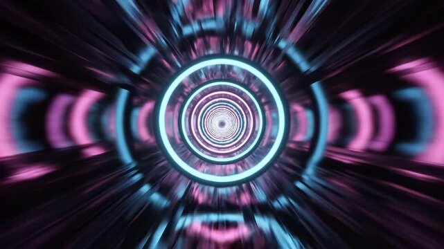 Hypnotic neon tunnel light animation with pink and purple glow, seamless VJ loop background