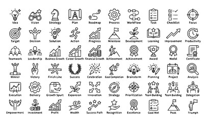 Obraz premium Success Growth Line Icon Set with Achievement, Strategy, Leadership, Teamwork, Career Progress, and Financial Profit Vector Illustrations