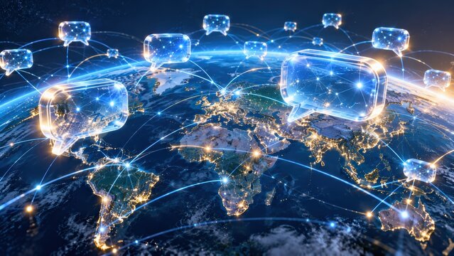 A digital illustration of global communication showing interconnected speech bubbles above a lit-up Earth at night, symbolizing worldwide connectivity and data exchange.