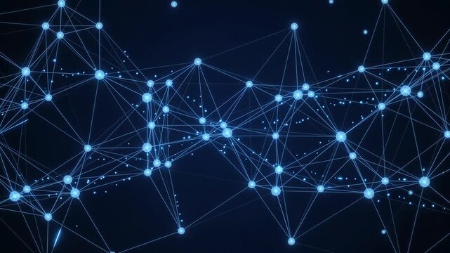 Abstract blue digital plexus network visualization, glowing futuristic data connectivity motion background, cybernetic tech nodes particle grid loop