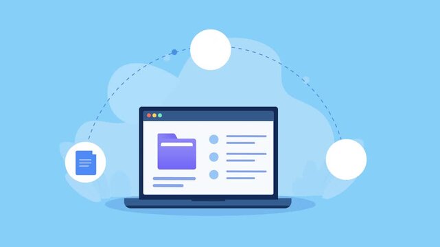 Flat vector animation showing cloud file management on a laptop with document, folder, and cloud storage icons connected through a digital interface on a blue background.