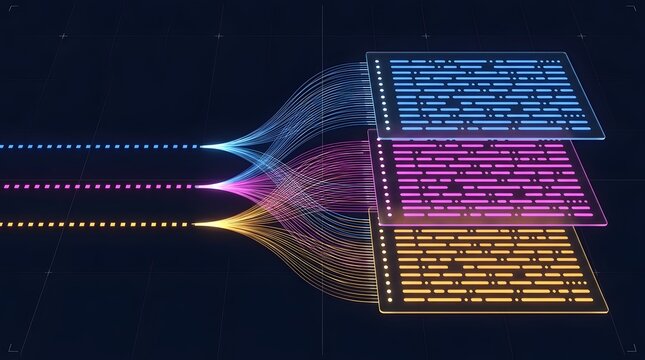 Automated data visualization pipeline processing raw digital streams into structured glass document dashboards