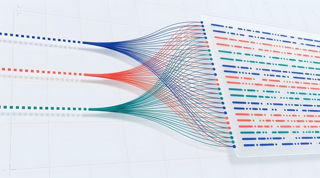 Digital information decoding process showing colorful streams parsing into structured software code script