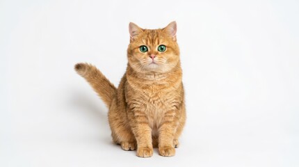 Fototapeta premium Adorable ginger cat with striking green eyes sits gracefully, posing perfectly against a white background, beautiful pet portrait.