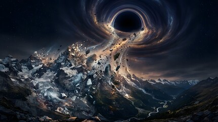 Fototapeta premium Massive black hole pulling mountain rocks and debris into cosmic singularity apocalyptic science fiction landscape art