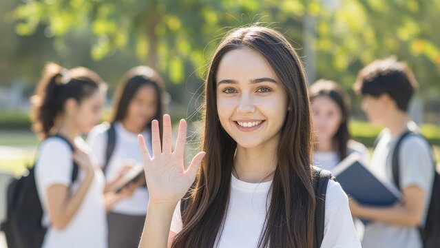 Friendly Young Student Waving in a Sunny Outdoor School Setting