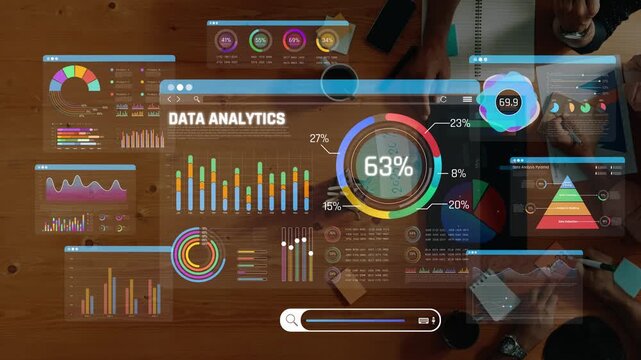Futuristic Data Analytics Interface with Charts, Graphs, and Metrics Displayed Over a Wooden Table Surrounded by Business Professionals Sigmoid