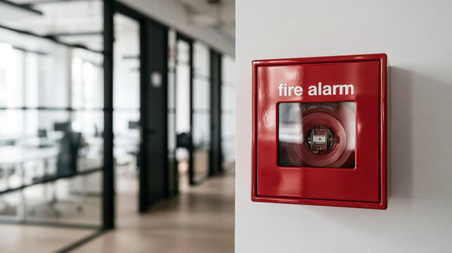 Red Fire Alarm Box on Wall in Office Hallway