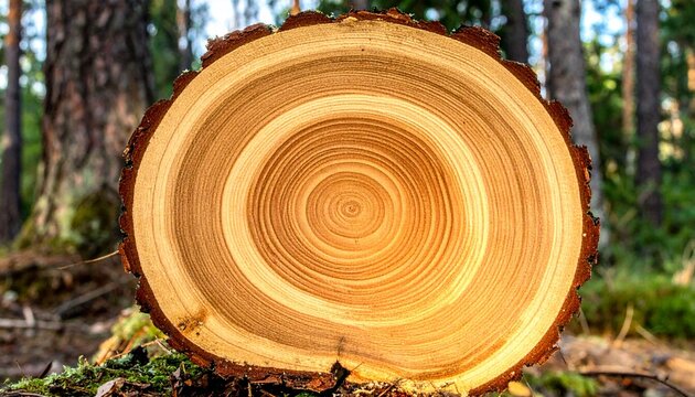 Cross section of a tree trunk showing annual growth rings in a forest