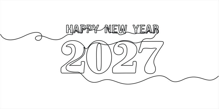 continuous one line drawing happy new year 2027, Hand Drawn Line Art Celebration Design. 