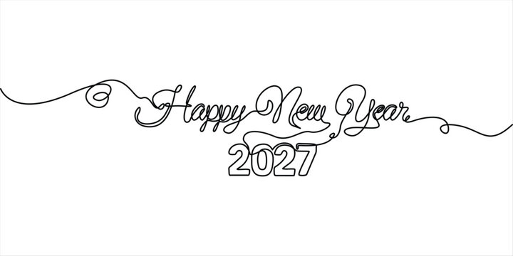 continuous one line drawing happy new year 2027, Hand Drawn Line Art Celebration Design. 