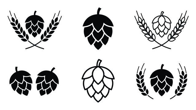 Set of black hop and wheat vector graphic icons for craft beer brewery branding