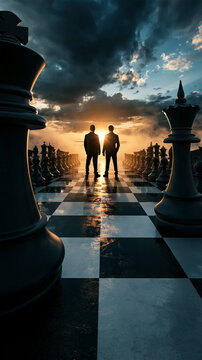 Two Rivals on a Chessboard under Dramatic Sky: Silhouettes of two men stand on a giant chessboard facing a dramatic sunset, embodying strategy, competition, and the grand game of life.