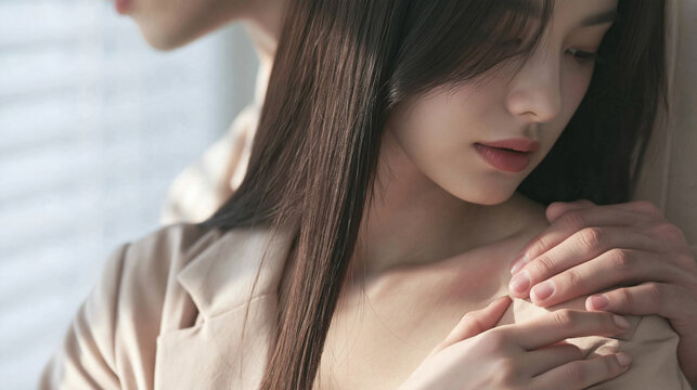 Intimate Embrace: A gentle touch between two individuals, conveying a sense of closeness and tenderness. The soft lighting and soft focus create an atmosphere of intimacy and emotional connection.