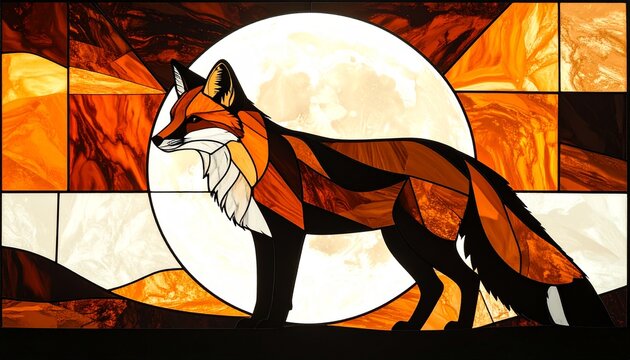 Red Fox Standing Before Full Moon Stained Glass Style Warm Orange Dark Background Wildlife Nature Concept