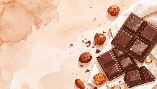 Dark Chocolate Bar with Hazelnuts and Almonds Watercolor Illustration Beige Background Sweet Treat Concept